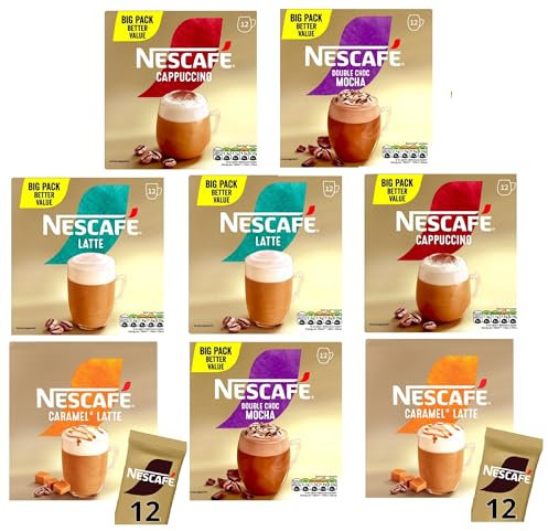 NESCAFÉ Variety Pack x12 Instant Coffee Sachets, Flavours inc. Cappuccino, Latte, Double Choc Mocha, Caramel (Pack of 8, Total 96 Sachets)