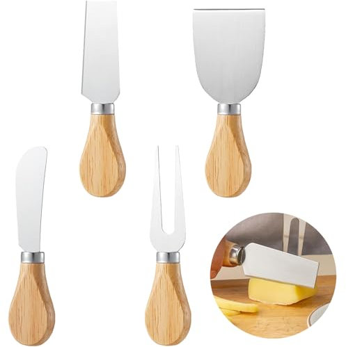 DILUSILK 4Pcs Cheese Knife Set, Stainless Steel Cheese Knives Cheese Fork Cheese Shovel with Wooden Handle,Butter Cutter, Mini Cheese Fork for Cheese Slicer, Cake, Dessert and Butter Cutter