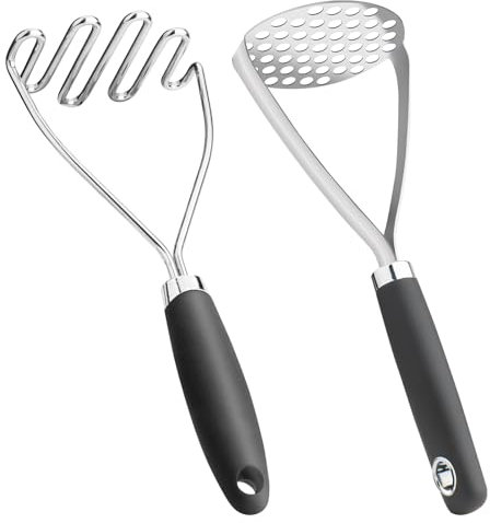 HUDDU 2 Stück Kartoffelstampfer Edelstahl Lang mit Gummigriff,Kartoffel Stampfer Handstampfer Küchenstampfer Spülmaschinenfest Gemüsestampfer für Kartoffel, Obstsäfte, Gemüsebrei, Püree