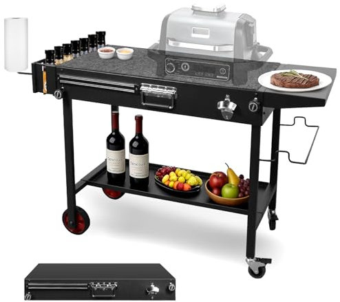 Folding BBQ Table for Outdoor Kitchen – Heavy-Duty Pizza Oven Stand with Wheels, Storage Shelf & Tool Hooks – Heat-Resistant BBQ Prep Table, Portable Outdoor Kitchen Unit