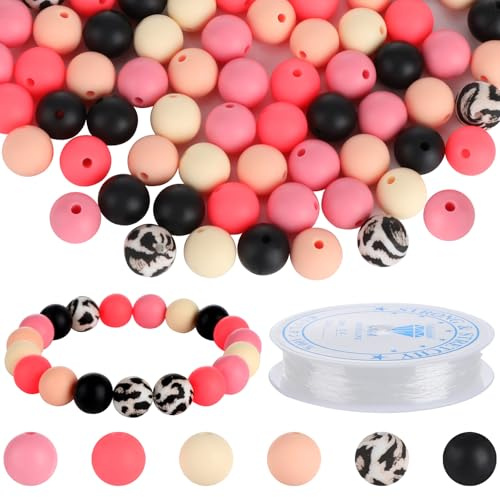 110 Stück 12 mm Silikonperlen mit Kristallfaden, 6 Farben Runde Silikon Perlen, Rosa Schwarze Perlen für Armbänder, Armbänder Selber Machen für Schlüsselanhänger und Schmuckherstellung