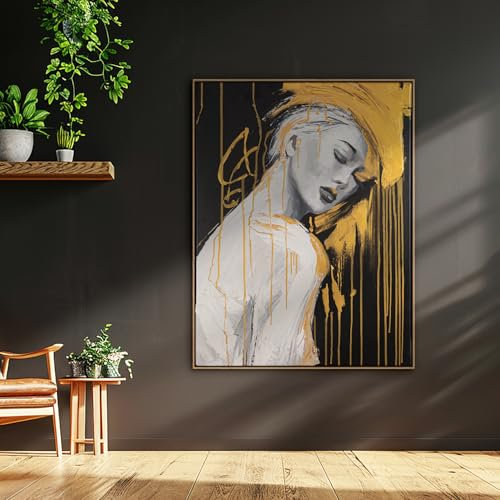 AUREDAS XXL Gemälde handgemalt - Das goldene Schweigen - 150x200cm groß, mit Schattenfugenrahmen Eiche Hell, für Wohnzimmer Schlafzimmer, Büro, ein hochformat Wandbild als Leinwandbild