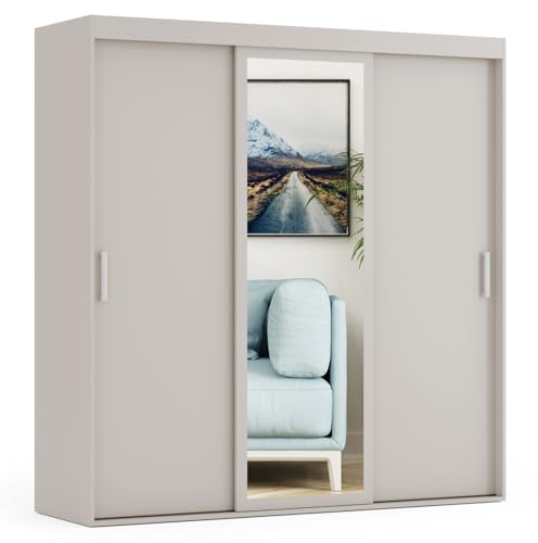 VIKK - Kleiderschrank - Garderobenschrank Groß mit Spiegel - 180x60x205cm - Schrank mit Schiebetüren, 2 Kleiderstangen - Schrank nach Bestelleingang gefertigt, HOVET Kaschmir, Innenausstattung MAX