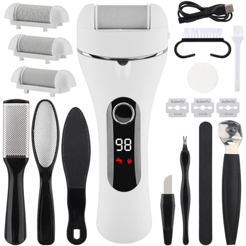Foydream Pedicure Elettrico,Calli Piedi Rimozione con 3 Rulli Ricaricabile Raspa Piedi Professionale Kit per Piedi Rimozione Calli Pelle Dura Secca