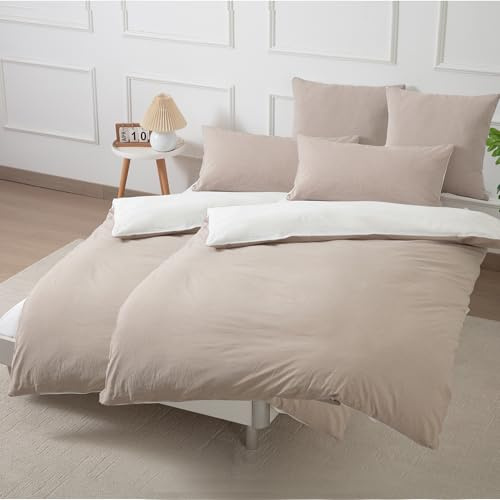 Bettwäsche 135x200 Baumwolle 4teilig mit 2 Kissenbezug 40x80, Beige/Weiß | 100% Baumwolle, gewaschene Leinenoptik, 2x Bettbezug 135x200 + 2x Kissenbezug 40x80cm, Bettwäsche-Sets, Weich & atmungsaktiv