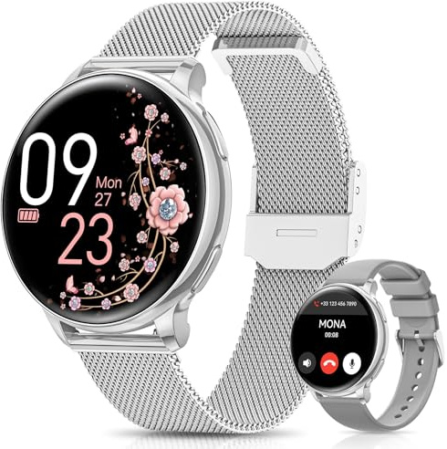 NAIXUES Montre Connectée Femme avec Appels Bluetooth, 1,27 Smartwatch Femme avec Fonction Féminine, 24H Fréquence Cardiaque, 24H SpO2, Sommeil, 70+ Mode Sportifs, IP68 Podomètre iOS Android Argent