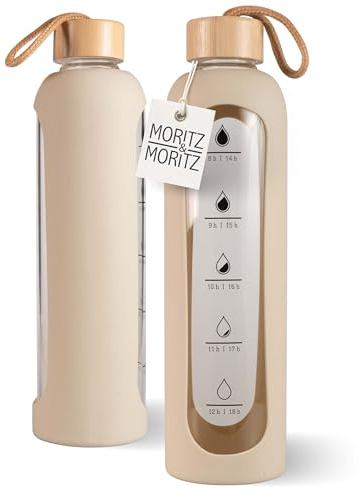 Moritz & Moritz Gourde en verre 1000 ml crème – Anti-fuite – Bouteille en verre pour le sport, l'école, l'université ou le travail – Avec étui de protection en silicone – Avec échelle de motivation