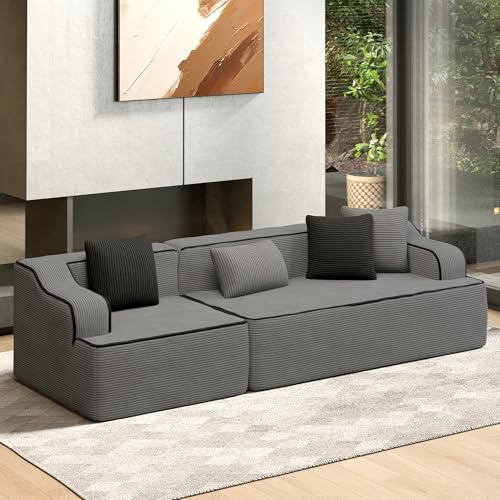 ALPHA HOME Modulares Sofa 104 3-Sitzer Sofa mit 4 Kissen Ecksofa Polstersofa aus Cordstoff, Modern Couch Stoffsofa Loungesofa fürs Wohnungen Wohnzimmer Schlafzimmer Eingangsbereich Büro, Grau