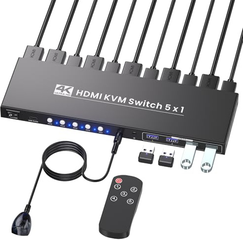 4K@60Hz HDMI KVM Switch 1 Monitor 5 Computers, USB 3.0 5 Port KVM Switch for Controlling 5 Computers with 1 Set of Keyboard, Mouse and 1 Monitor