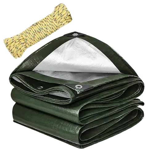 Flycn Telo Impermeabile Esterno, 3.5x5m 220g/m² Telone Occhiellato Impermeabile Rinforzato, Telo Protettivo Multiuso per Barche, Legno, Piscina, Mobili da giardino, Auto PE verde argento