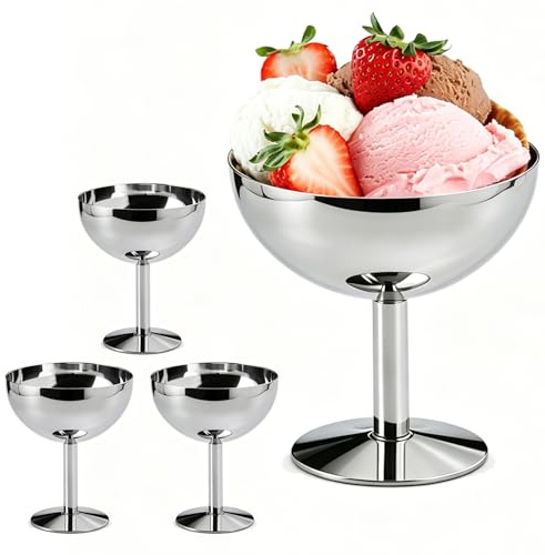 4 Stück Eisbecher Edelstahl 240ml Ø 10cm Edelstahl Dessertschale mit Fuß Cocktail Gläser Ice Cream Sundae Dessertgläser für Obst Salat Joghurt und Fruchtpudding, Sundae-Schalen für Partys Hochzeiten