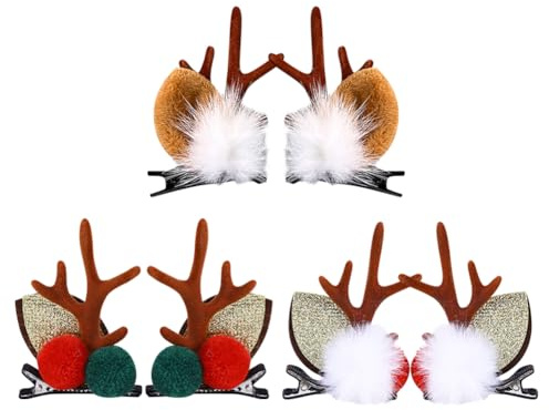 3 Paar Rentiergeweih Haarspangen Hirschgeweih Haarnadeln Niedliche Kostüm Party Haarnadeln Weihnachten Xmas Haarspangen Hirsch Ohr Haarschmuck mit Pompons für Urlaub Halloween