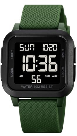 Orologio sportivo digitale da uomo, lunghezza 25 cm, impermeabile, orologio sportivo | ABS e PU, resistente agli urti, retroilluminazione elettroluminescente, orologio per allenamento subacqueo, nuoto