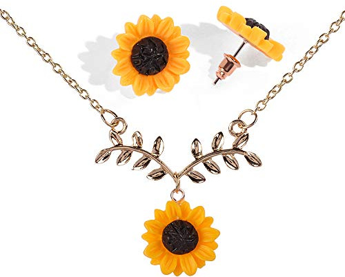 Collier avec pendentif en forme de feuille de tournesol en résine pour femme - Motif marguerite jaune - Boucles d'oreilles à tige, Métal Résine