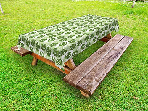 ABAKUHAUS Grün und Weiß Outdoor-Tischdecke, Palmen und Monsteras, dekorative waschbare Picknick-Tischdecke, 145 x 265 cm, Grün Hellgrün