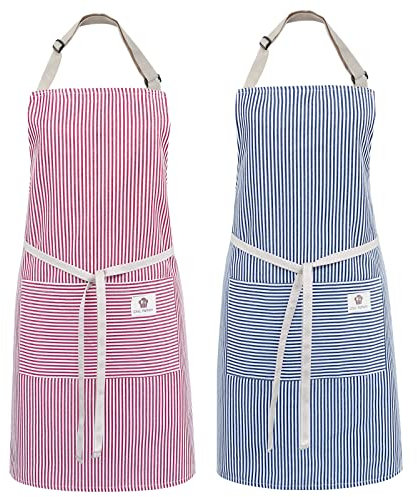 cactusgirl 2 Stück verstellbare Baumwollschürze, Kochschürze, Küchenschürze, Schürzen für Damen und Herren (blaue Streifen + rote Streifen)