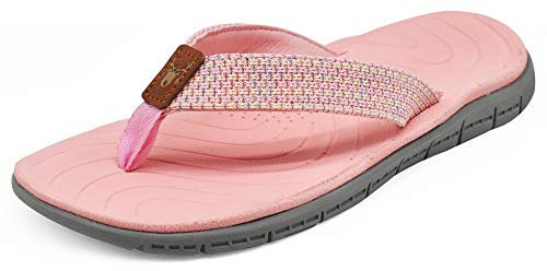 KuaiLu Flip Flops Women Leather Arch Support Summer Wide Fit Beach Pool Ladies Thong Sandals Yoga Memory Foam Cushion Slip On Shower Cloth Fabric Orthopedic Plantar Fasciitis Flipflops Pink 6