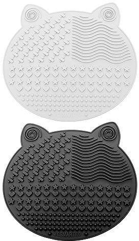 2Pack Makeup Brush Cleaning Mat, Cute Cat Animal Design Silicone Portable Brush Cleaner Pad Washing Tools with Suction Cups (Black+White)