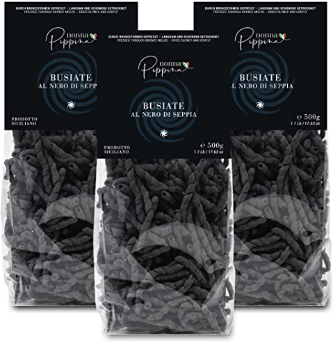 NONNA PIPPINA Busiate al nero di seppia 3 x 500g, typisch sizilianische Nudeln mit Tintenfischtinte gefärbt, traditionell durch Bronzeform gezogen, langsame Trocknung