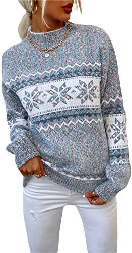 KANDEMY Damen Weihnachtspullover mit kleinem Stehkragen Christmas Pullover Warm Strickpullover mit Streifen Schneeflocken Winter Pullis für Frauen Oberteile Langarm Mode02-Dunkelgrau M