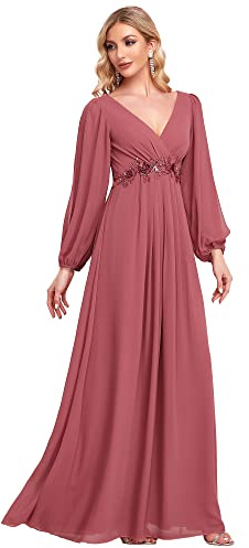 Ever-Pretty Vestido de Fiesta Talla Grande Largo para Mujer Escote V Profundo A-línea Manga Larga con Apliques EP00461-P