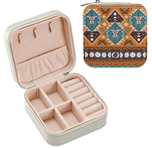 Kleine Schmuckschatulle für Damen, indisches Tribal-Ornament-Muster mit Totenköpfen, PU-Leder, Reise-Schmucketui für Ringe, Ohrringe, Halsketten, Uhr, Geschenke für Mädchen und Frauen,