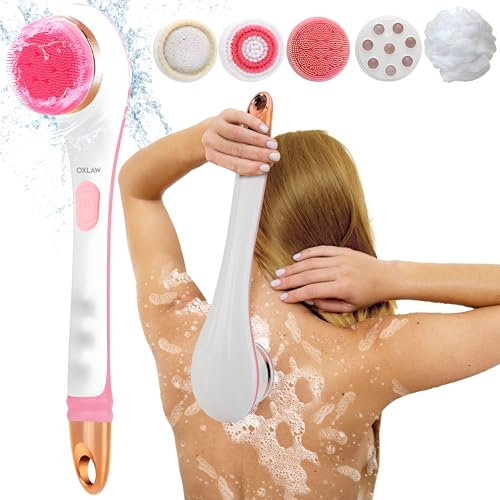 Brosse corporelle rechargeable, brosse électrique pour le corps, brosse de douche à long manche, épurateur de peau avec 6 têtes de brosse pour nettoyer, masser, exfolier sous la douche (Pink)