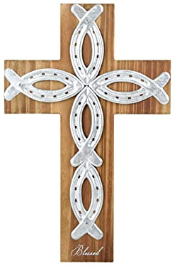 OKSQW Väggkors retro katolskt trä hängande dop kors med unikt metallkors andligt religiöst kors med krok 30,5 cm välsignad bokstavsdesign jul krucifix present till kyrkan hem väggdekor