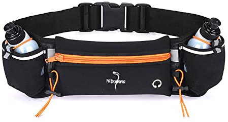 Cinturón Running Ajustable con Bolsa con Cremallera, 2 Botellas de hidratación, 2 elásticos de múltiple Uso y portadorsal. (Negro-Naranja)