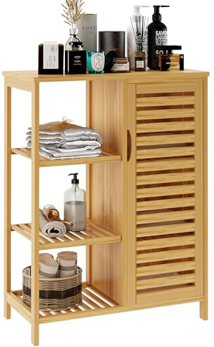 soges Bathroom Storage Cabinet with Door and Shelves, Floor Standing Storage Cabinet Organizer with Single Shutter Door, 3-Tier Bamboo Cabinet for Kitchen, Living Room, Bathroom