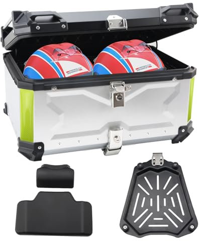 LASIEYO 65L Motorcycle Top Case, Aluminum Motorbike Tail Box with Security Lock & Back Cushion for Store Helmet Large Luggage, Universal Waterproof Motorcycle Top Box