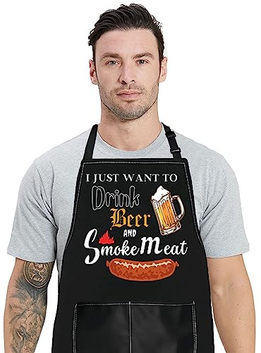 WZMPA Funny Grilling Apron With Pockets BBQ Lover Gifts I Just Want To Drink Beer And Smoke Meat Apron For Men Women