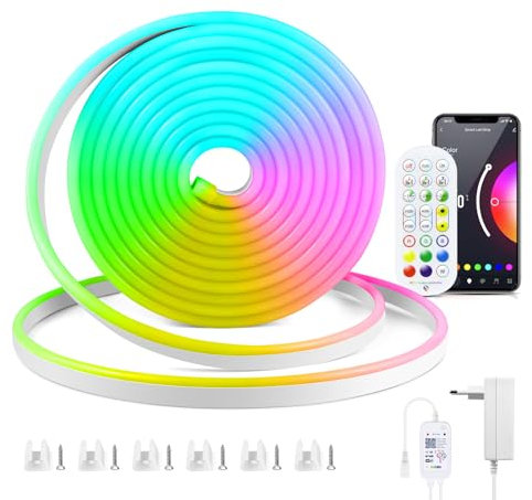 AIMENGTE WiFi Neon Led Strip, 2M 12V IP65 Waterproof Silikon LED Streifen, mit Alexa, Fernbedienung, App-Steuerung, Musik-Sync Funktioniert, Sprach Steuerung, Zeitschaltuhr für DIY, TV