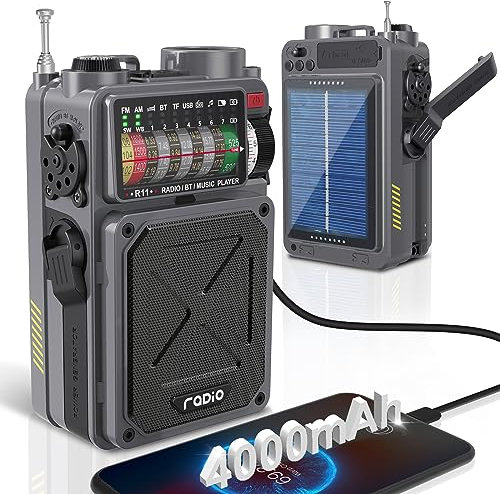 Emgykit R11 - Radio portátil de onda corta - 4000 mAh/14800 mWh NOAA/SW/AM/FM, solar/manivela de mano/carga USB, receptor Bluetooth/reproducción USB/SD, con brújula, linterna, SOS para camping y
