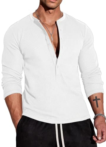 Muscle Cmdr Camicia Uomo Manica Lunga, Camicie Henley Waffle T-Shirt Casua a Maniche Lunghe con Abbottonatura a 5 Bottoni, Maglietta Termica Long Sleeve Bianco S