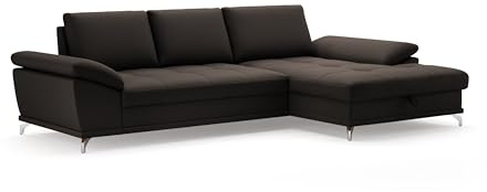 Cavadore Ecksofa Castiel mit Federkern / Eckcouch mit großem Longchair, Sitztiefenverstellung und mattschwarzen Metallfüßen / 301 x 89 x 176 / Echtleder, Dunkelbraun