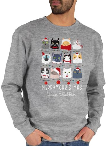 Sweater Pullover Sweatshirt Herren Damen - Katzen zu Weihnachten I Merry Christmas mit Wunschtext I Geschenk Katzenliebhaber - M - Grau meliert - Weihnachts-Sweatshirt weinachts Katze Weihnachts