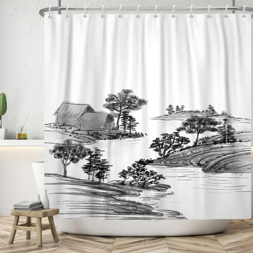 SDOTPMT Rideau de douche japonais 105 x 160 cm, motif paysage japonais, village, lac, arbre traditionnel, peinture à l'encre traditionnelle, rideau de bain asiatique rustique vintage pour décoration