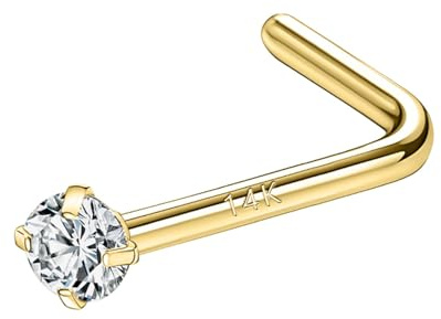SYLWIA Clous de nez en or véritable 14 carats - 20 g - 18 g - En forme de L - Tire-bouchon - Imitation diamant - Hypoallergénique - Calibre 18 - 20 mm - 2,5 mm - 3 mm, 18g (1.0mm), Or jaune, Zircon