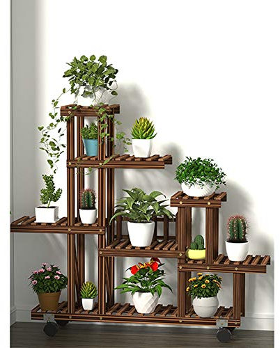 TEmkin Portafiori per Piante con Ruote Scaletta in Legno Scaffale per Vasi per Piante da Interno ed Esterno per Cortile Giardino Patio Balcone, Stile 2 (Style 2)