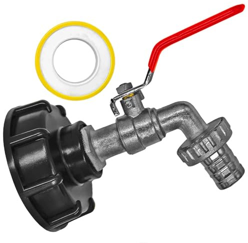 MegaHaustechnik IBC Container Tank Adapter Kappe S60x6 Grobgewinde Steigung 6mm Innendurchmesser 60mm mit Auslaufhahn 3/4 Zoll Außengewinde AG, Schlauchtülle Außendurmesser 20mm, Teflon Dichtband