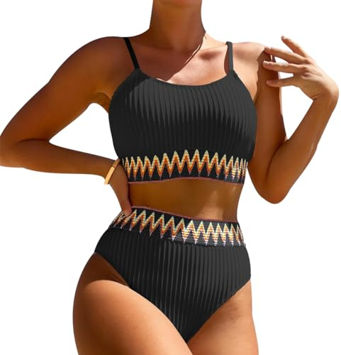 Bikini Taille Haute Femme Maillot de Bain Femme 2 Pieces Taille Haute Push Up Ensemble Bikini Bandeau Mayo de Bain Femme Swimsuit Trikini Maillot de Bain Natation Piscine Deux Pièces Femme Noir L