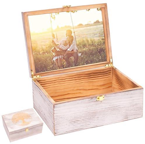 Tree of Life Larger Wooden Memory Keepsake Boxes With Hinged Lids and a photo frame inside the lid - Decorative Storage Box With a Hinge Lids For Picture Letter Time Capsule - 5.3“*8.6”*11.7“Vintage R