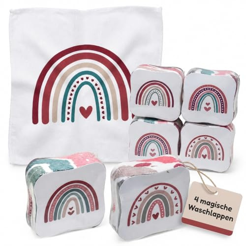 MIJOMA Lot de 4 gants de toilette magiques - 100 % coton - Se déplie dans de l'eau chaude (cœur arc-en-ciel)