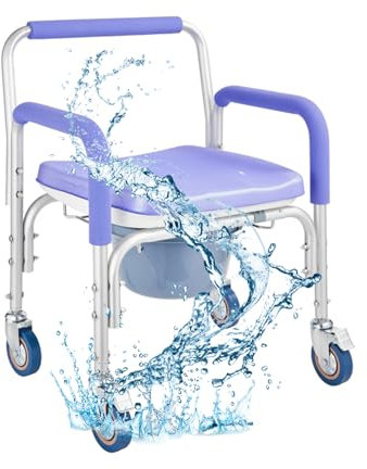 Joyfitness Duschstuhl mit Rollen, Badezimmer-Duschtoilettenstuhl mit Rollen, wasserdichter Badestuhl mit Armlehnen und Rückenlehne, Duschstuhl für ältere Menschen und Behinderte