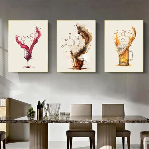 BMGKYAGL Kaffee, Bier, Wein, abstraktes Aquarellgemälde, Druck, Wandkunst, Leinwand, Poster, Küche, Esszimmer, Heimdekoration, 30 x 45 cm x 3, rahmenlos