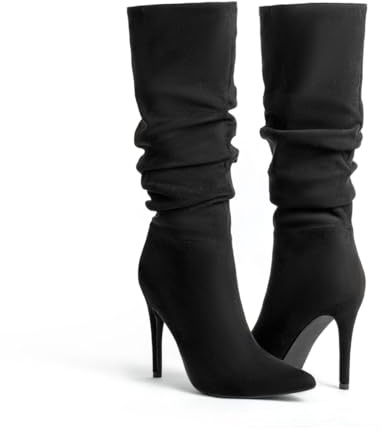 Hykytyhk Stivali alti al ginocchio da donna a punta a stiletto tacco alto slouchy camoscio stivali alti, Nero , 40 EU