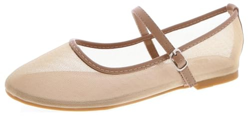 TruFox Dam mesh balett platta skor med spänne rem bekväma ballerina platta skor, Naturligt nät, 42 EU