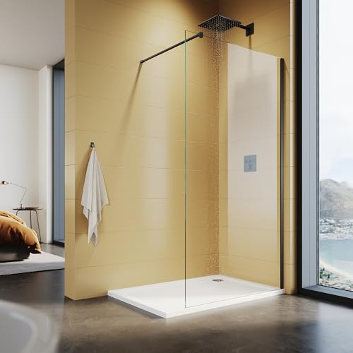 Walk In Dusche 120x200cm Schwarz,10mm NANO Glas,120cm Stabilisierungsstange | Sicherheitsglas,Rahmenlose,Walk-in Duschkabine, schwarze aluminium,Badezimmertrennwand,barrierefrei, Montage links und rechts