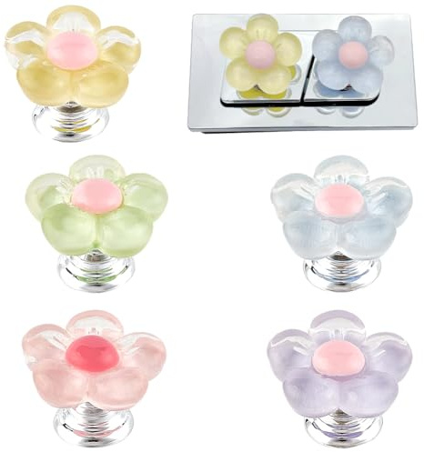 CREATCABIN 5 pieza de 5 colores, Pulsador de Botón de Inodoro con Forma de Flor, Botón de Tanque de Descarga de Inodoro, Herramienta de Prensa de Inodoro de Resina, Tapa de Inodoro Autoadhesiva, Manij